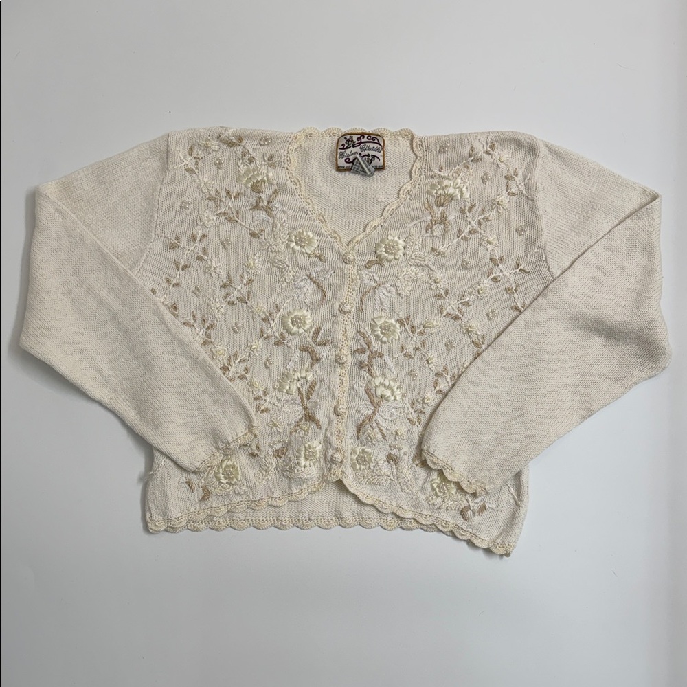 Vintage‎ Heirloom Collectables Floral Embroidered Cropped Sweater Cottagecore XL